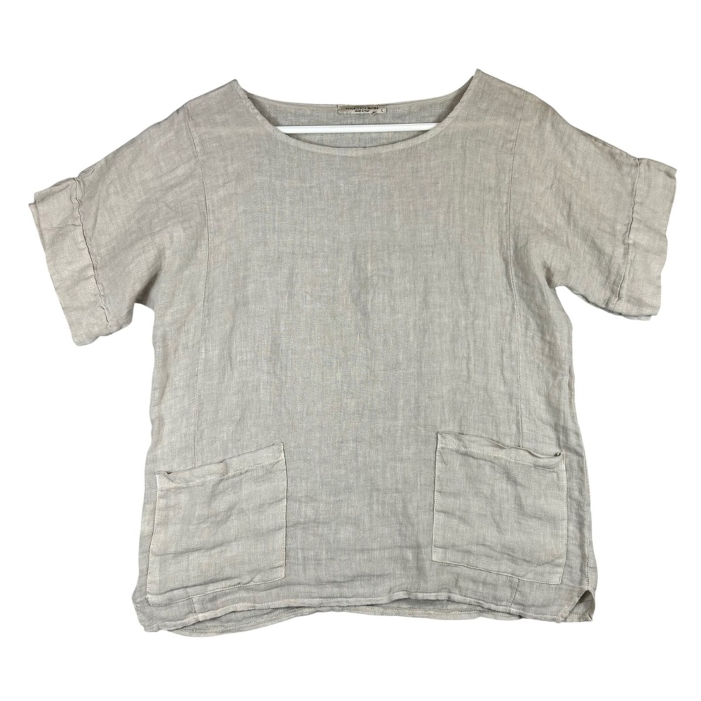 Francesca Bettini Italy Lagenlook Linen Top Beige Short Sleeve Pocket 19C257